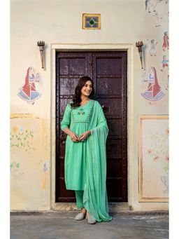 GAYRAA - Cotton Embroidered Green Kurta with Pant and Dupatta