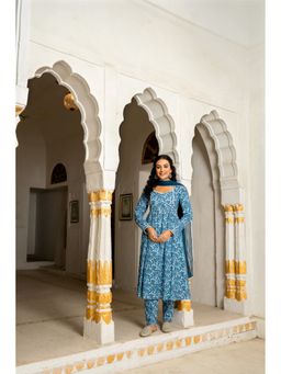 GAYRAA - Cotton Printed Indigo Kurta with Pant and Dupatta