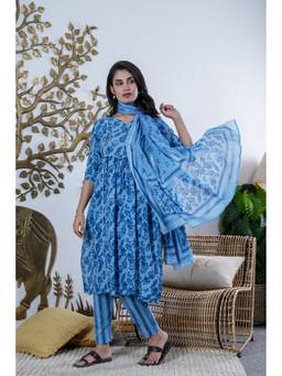 GAYRAA - Cotton Printed Indigo Kurta with Pant and Dupatta