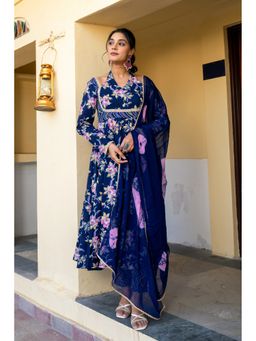 GAYRAA - Navy Blue Cotton Floral Anarkali Kurta with Pant & Dupatta