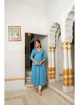 GAYRAA - Cotton Mirror Work Turquoise Kurta with Pant