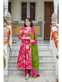 GAYRAA - Pink Cotton Floral Handworked Anarkali Kurta with Pant & Dupatta