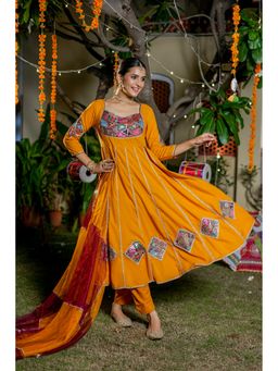 GAYRAA - Mustard Cotton Patch designed Anarkali Kurta with Pant & Dupatta