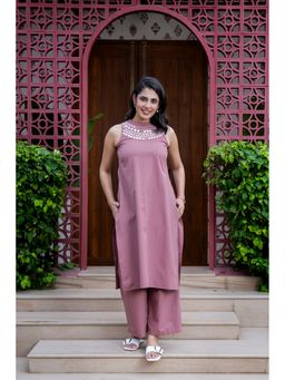 GAYRAA - Cotton Mirror Work Mauve Kurta with Palazzo
