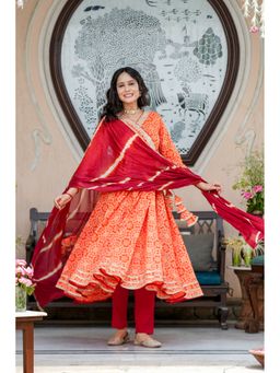GAYRAA - Orange Cotton Bandhani Hand work Anarkali Kurta with Pant & Dupatta