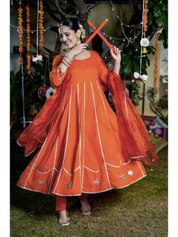 GAYRAA - Orange Cotton Gota Lace Anarkali Kurta with Pant & Dupatta