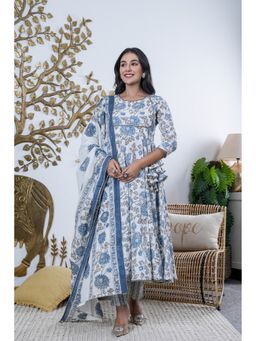 GAYRAA - Multi Colour Cotton Printed Lace work Anarkali Kurta with Pant & Dupatta