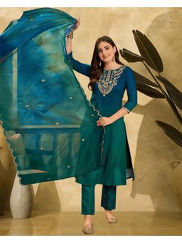 KVS FAB - Silk Blend Zari Sequence Work Blue Kurta With Pant And Dupatta