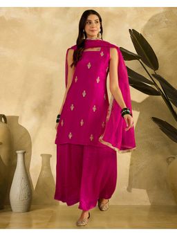 KVS FAB - Silk Blend Zari Sequence Work Magenta Kurta With Palazzo And Dupatta