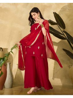 KVS FAB - Silk Blend Zari Sequence Red Kurta With Palazzo And Dupatta