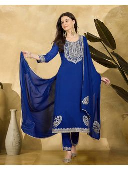 KVS FAB - Silk Blend Zari Sequence Work Blue Kurta With Pant And dupatta