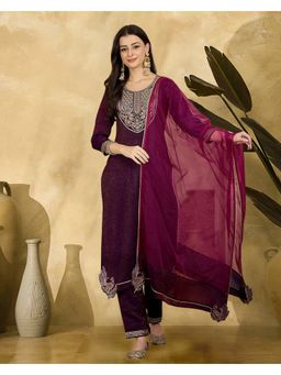 KVS FAB - Silk Blend Zari Sequence Thread Work Purple Kurta With Pant And Dupatta