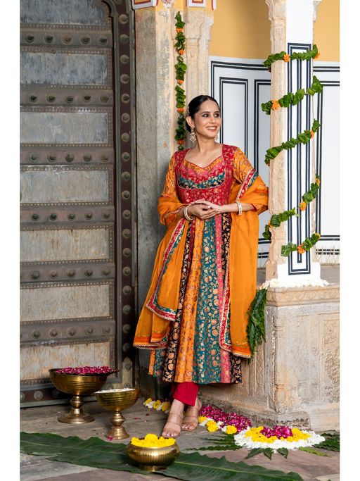 GAYRAA Multi Colour Gold Printed Anarkali Kurta with Pant & Dupatta