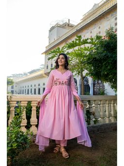 GAYRAA - Cotton Embroidered Pink Kurta with Pant and Dupatta