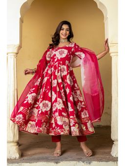GAYRAA - Pink Cotton Printed Lace Work Anarkali Kurta with Pant & Dupatta
