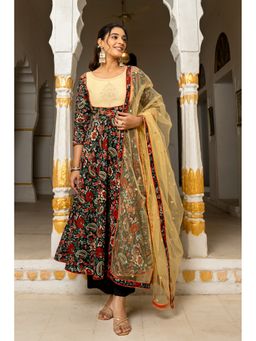 GAYRAA - Black Cotton Printed Zari Work Anarkali Kurta with Palazzo & Dupatta