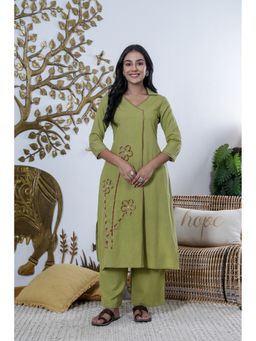 GAYRAA - Cotton Thread Work Olive Kurta with Palazzo