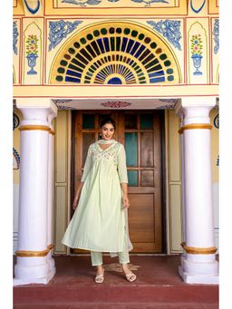 GAYRAA - Cotton Embroidered Olive Kurta with Pant and Dupatta