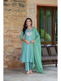 GAYRAA - Cotton Designed Yoke Aqua Kurta with Pant and Dupatta