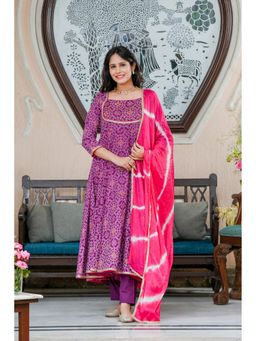GAYRAA - Purple Cotton Bandhani Designed Yoke Anarkali Kurta with Pant & Dupatta