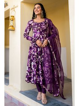 GAYRAA - Purple Cotton Printed Designed Yoke Anarkali Kurta with Pant & Dupatta