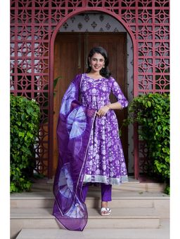 GAYRAA - Purple Cotton Sequined Printed Anarkali Kurta with Pant & Dupatta