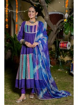 GAYRAA - Purple Cotton Patch work Anarkali Kurta with Pant & Dupatta