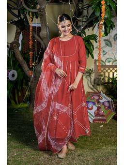 GAYRAA - Red Cotton Gota Lace Anarkali Kurta with Pant & Dupatta