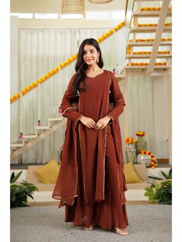 GAYRAA - Brown Georgette Handworked Kurta with Sharara and Dupatta