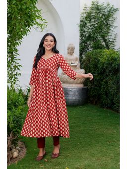 GAYRAA - Cotton Printed Flared Rust Kurta with Pant