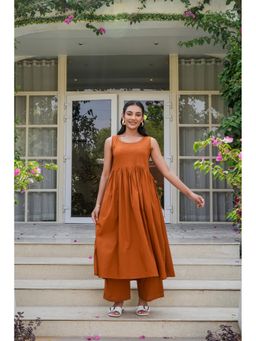 GAYRAA - Cotton Thread Work Rust Kurta with Palazzo