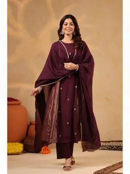 Suramya - Saanjh Chevron Deep Plum Panel Kurta and Pant with Dupatta