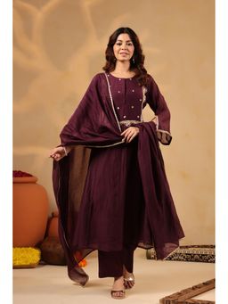 Suramya - Saanjh Crepe deep plum Kurta and Pant with Dupatta