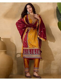 KVS FAB - Vichitra Zari Sequence Embroidered Yellow Kurta With Palazzo And Dupatta