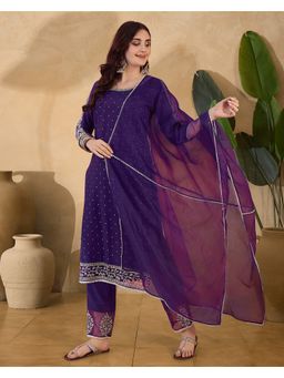 KVS FAB - Chinon Zari Sequence Embroidered Purple Kurta With Pant and Dupatta