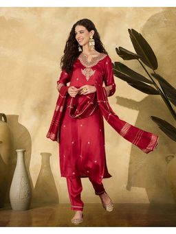 KVS FAB - Zari Sequence Thread Cording Embroidered Red Kurta With Pant And Dupatta