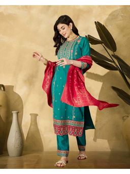 KVS FAB - Zari Sequence Thread Cording Embroidered Blue Kurta With Pant And Dupatta
