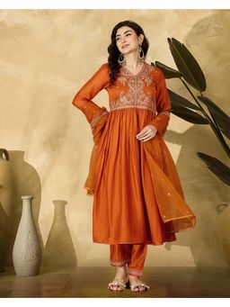 KVS FAB - Sequence Thread Cording Embroidered Orange Kurta With Pant And Dupatta
