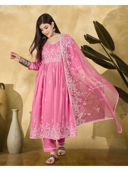 KVS FAB - Chinon Silk Blend Chain Work Pink Kurta With Pant And Dupatta