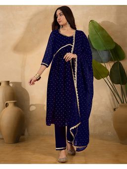 KVS FAB - Georgette Sequence Lace with Foil Printed Blue Kurta with Pant and Dupatta