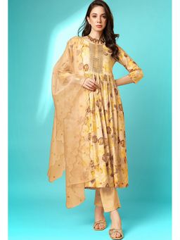 KVS FAB - Silk Blend Embroidery Floral Printed Mustard Kurta with Pant and Dupatta