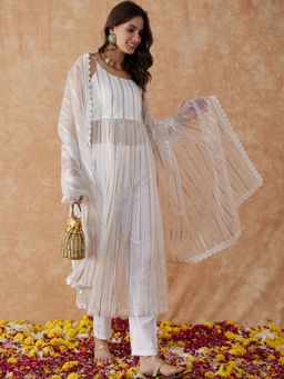 KVS FAB - Weaving Organza A Line White Kurta Pant and Dupatta