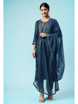 KVS FAB - Zari Sequence Embroidered Straight Navy Blue Kurta with Pant and Dupatta