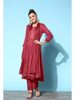 KVS FAB - Chinon Silk Mirror Work Gota Embroidered Red Kurta with Pant and Dupatta