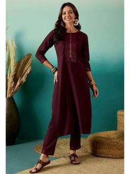KVS FAB - Women American Crape Embroidered Maroon Kurta with Pant