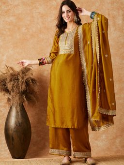 KVS FAB - Silk Zari Sequence Embroidered Mustard Kurta with Palazzo and Dupatta