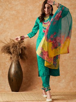 KVS FAB - Ruby Cotton Zari Sequence Embroidered Teal Kurta with Pant and Dupatta
