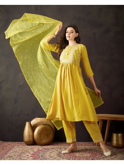 KVS FAB - Women Zari Embroidery with Sequence Mustard Kurta Pant with Dupatta