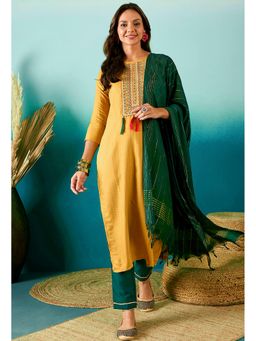 KVS FAB - Women Sequence Embroidered Yellow Kurta with Pant and Dupatta
