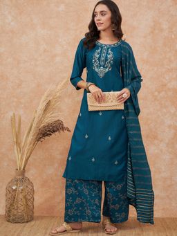KVS FAB - Silk Blend Zari Sequence Embroidered Blue Kurta with Palazzo and Dupatta